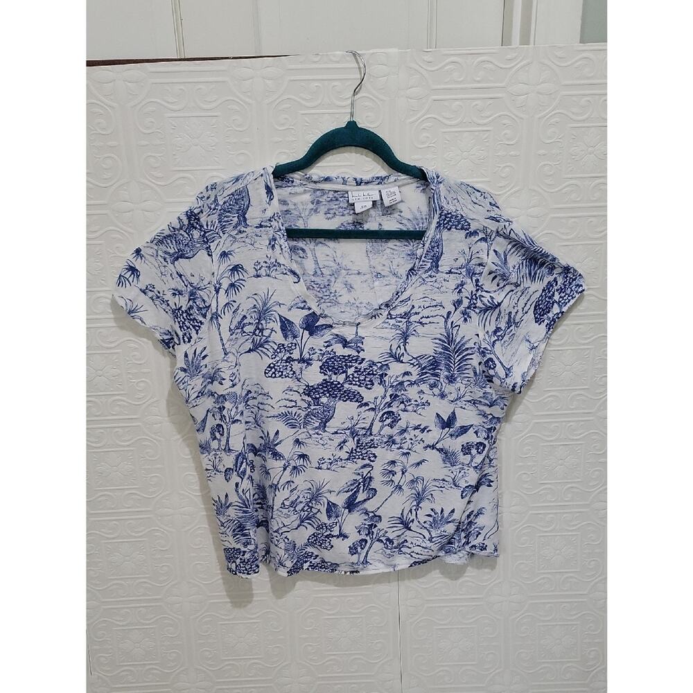 Nicole Miller New York White Blue Toile Print Linen V-Neck Short Sleeve Top 2X
